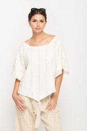 Women Casual Top in Cream, Crew Neck  with V- Shaped Hem
