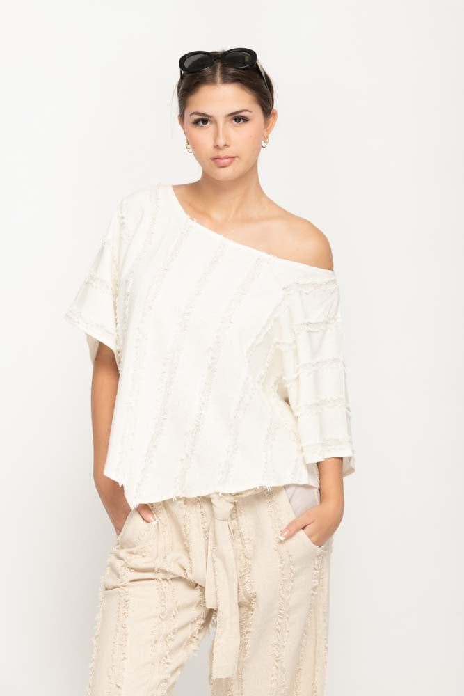 Women Casual Top in Cream, Crew Neck  with V- Shaped Hem