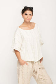 Women Casual Top in Cream, Crew Neck  with V- Shaped Hem