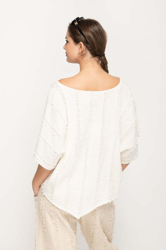 Women Casual Top in Cream, Crew Neck  with V- Shaped Hem