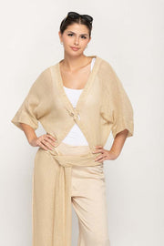 Women Casual Blouse in Wheat, V- Neck , Cross Twist Front  with Batwing Sleeves