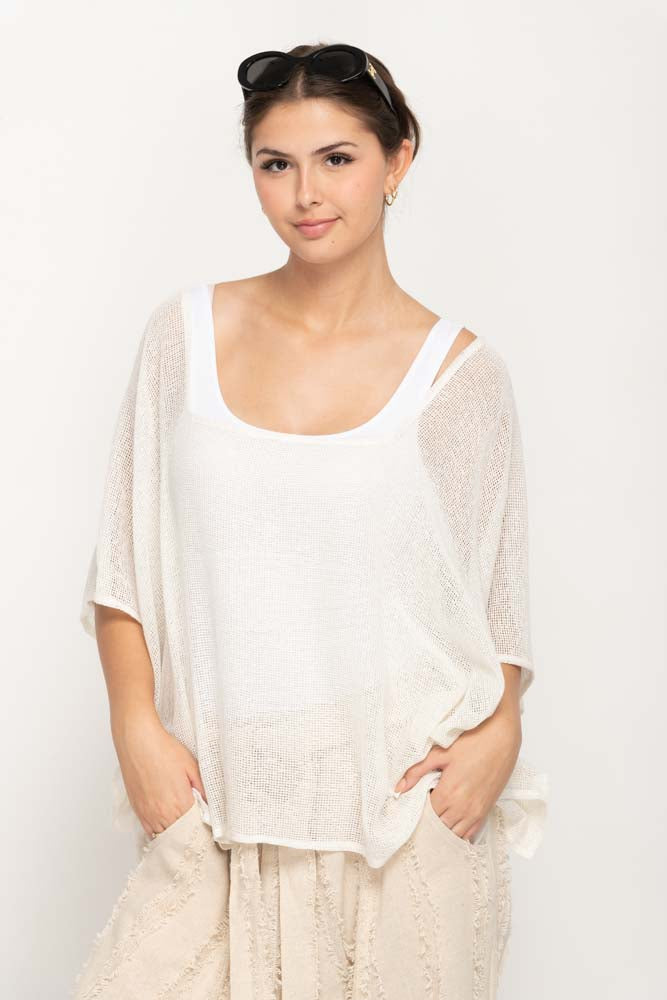 Women Casual Top in Cream , Square- Neck With Wide Sleeves