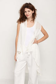 Women's Lightweight Long Vest Sleeveless Open Front Cardigan in Cream