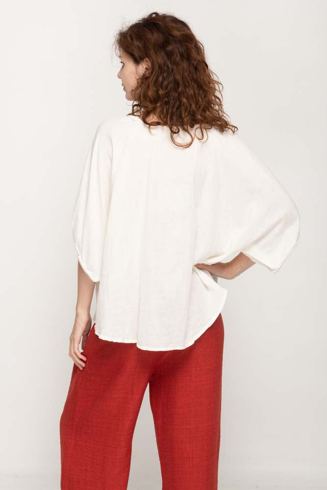 Women's Casual Top in White With V- Neck and Batwing Sleeves