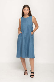 Casual  Sleeveless,  Crew Neck  Full Buttons Down Women Denim Dress