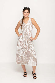 Sleeveless Lace Taupe Colored Long Dress With Round Neck For Women