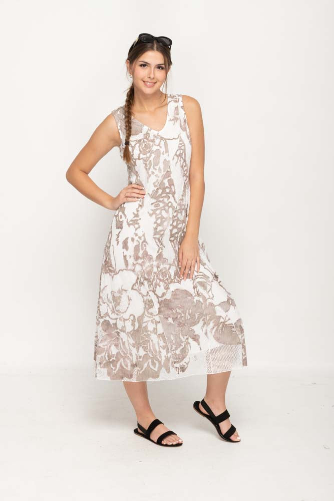 Sleeveless Lace Taupe Colored Long Dress With Round Neck For Women