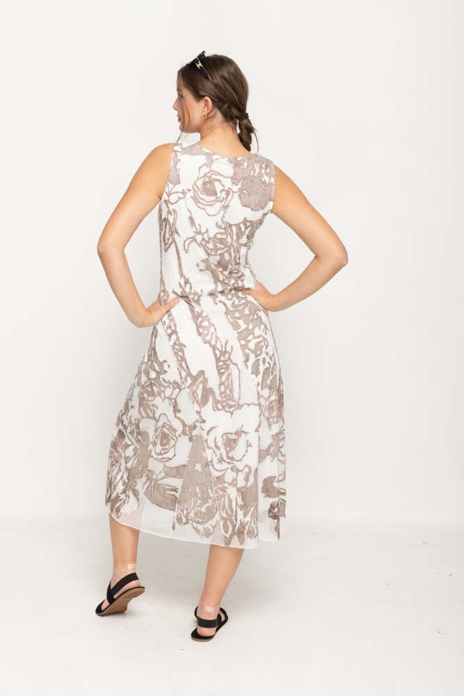 Sleeveless Lace Taupe Colored Long Dress With Round Neck For Women