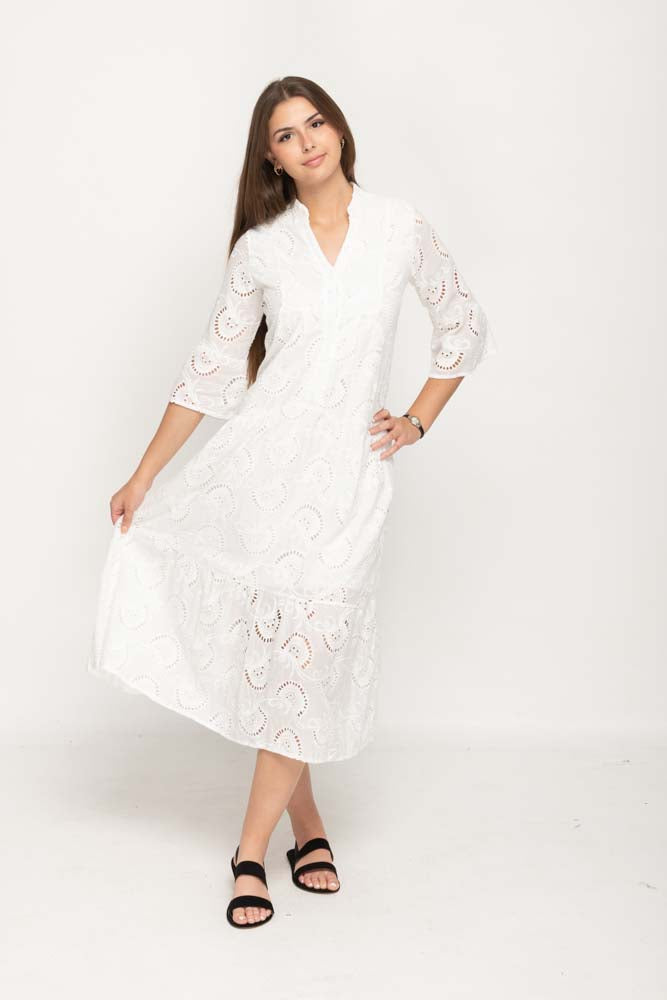 Women 's Casual Cotton Embroidery Dress  in White ,  V- Neckline with 3/4 Sleeves