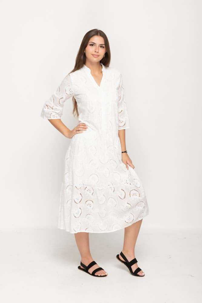 Women 's Casual Cotton Embroidery Dress  in White ,  V- Neckline with 3/4 Sleeves