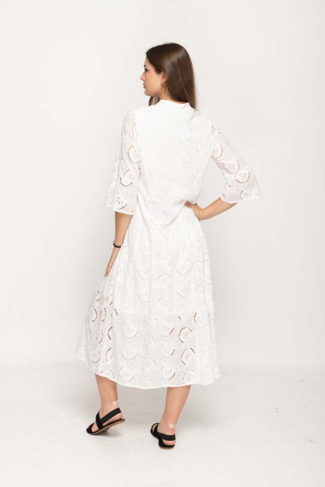 Women 's Casual Cotton Embroidery Dress  in White ,  V- Neckline with 3/4 Sleeves