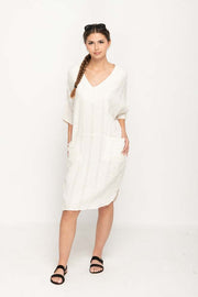 Women 's Casual Dress  in Cream Loose Style with V- Neck
