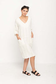 Women 's Casual Dress  in Cream Loose Style with V- Neck