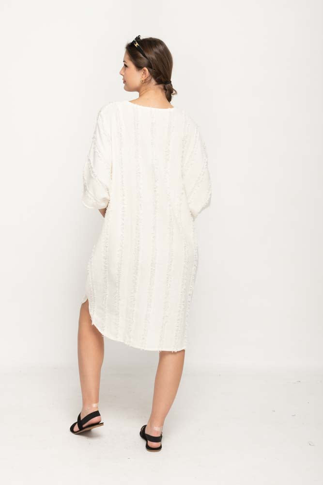 Women 's Casual Dress  in Cream Loose Style with V- Neck