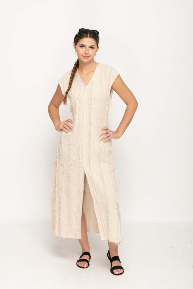 Women 's Casual Dress  in Beige Loose Style with V- Neck , Cap-Sleeves