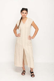 Women 's Casual Dress  in Beige Loose Style with V- Neck , Cap-Sleeves