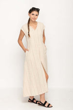 Load image into Gallery viewer, Women 's Casual Dress  in Beige Loose Style with V- Neck , Cap-Sleeves