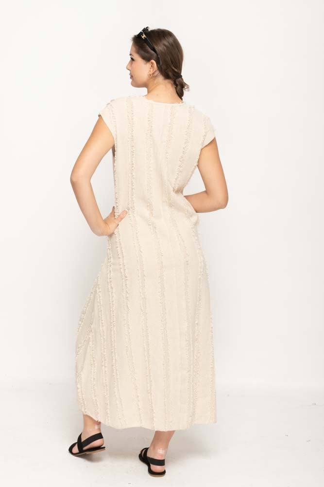 Women 's Casual Dress  in Beige Loose Style with V- Neck , Cap-Sleeves