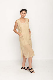 Women 's Casual Dress  in Wheat , Deep  V- Neck , Sleeveless with two Patch Pockets,