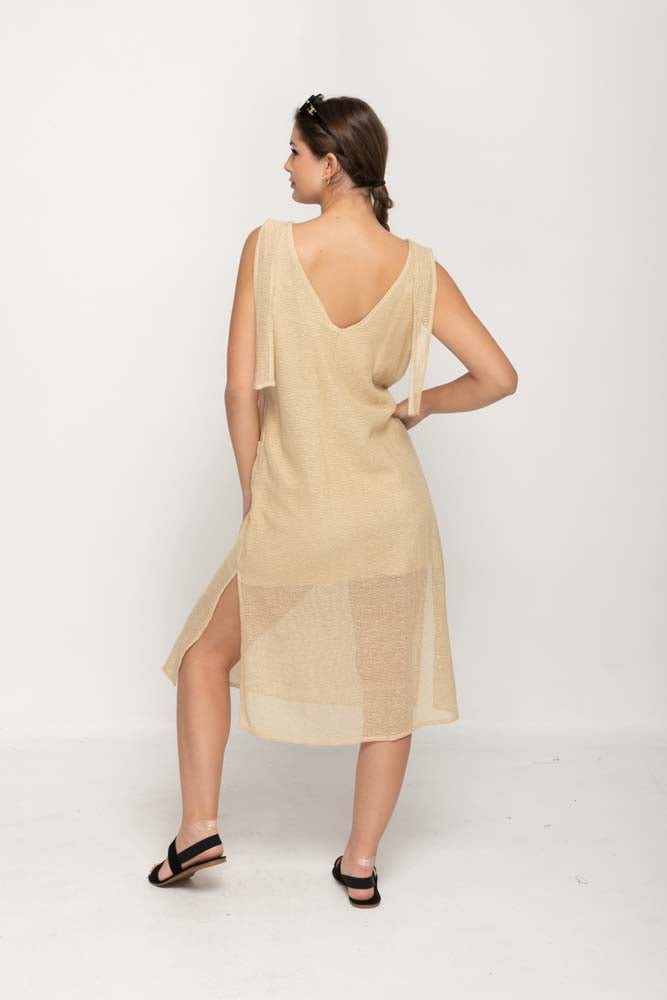 Women 's Casual Dress  in Wheat , Deep  V- Neck , Sleeveless with two Patch Pockets,