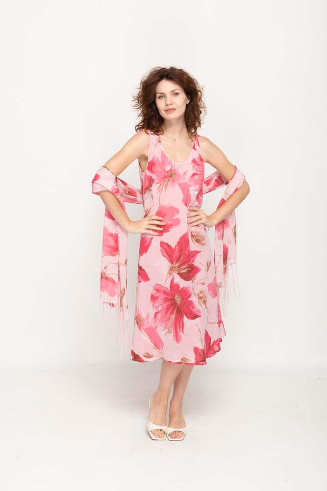Sleeveless Semi Long Pink Floral Printed 2 in 1 Reversible Dress For Women