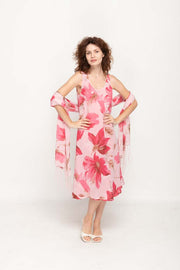 Sleeveless Semi Long Pink Floral Printed 2 in 1 Reversible Dress For Women