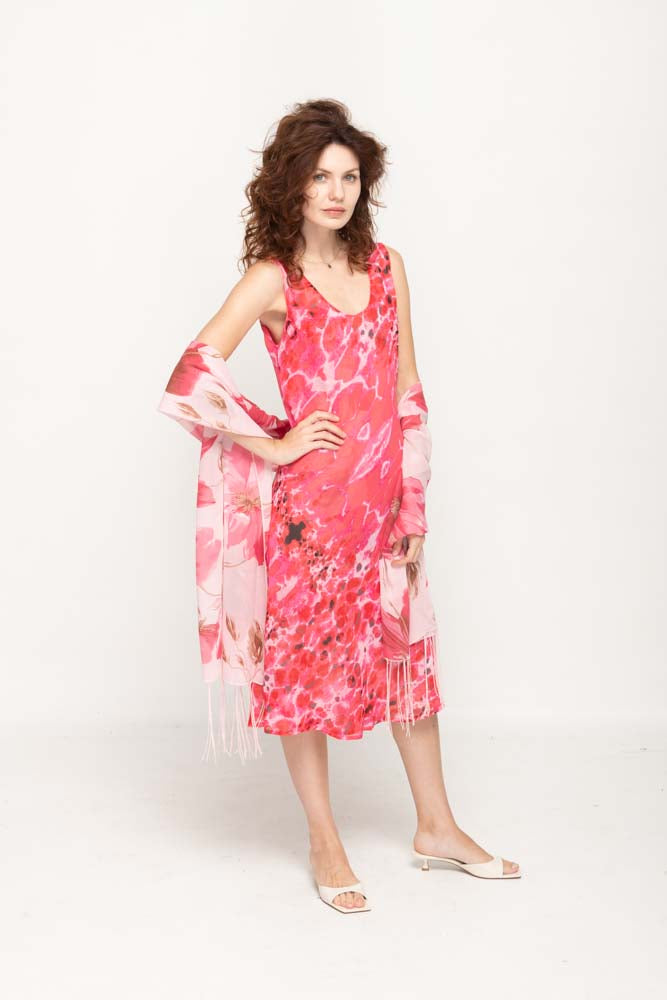 Sleeveless Semi Long Pink Floral Printed 2 in 1 Reversible Dress For Women