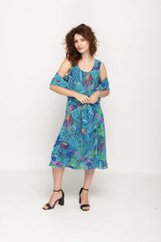 Sleeveless Semi Long Blue Floral Printed 2 in 1 Reversible Dress For Women