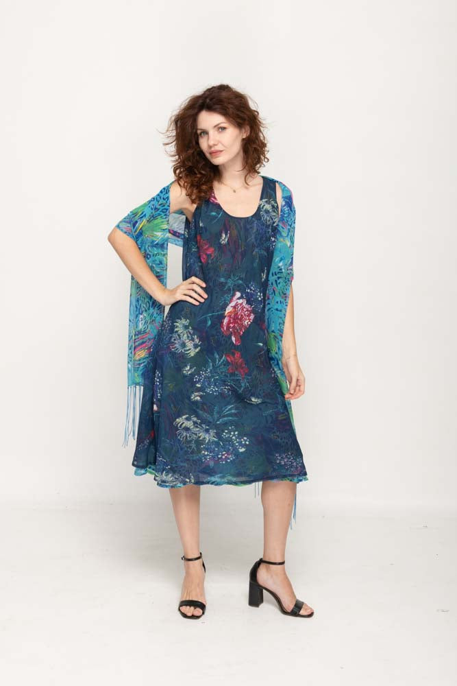 Sleeveless Semi Long Blue Floral Printed 2 in 1 Reversible Dress For Women