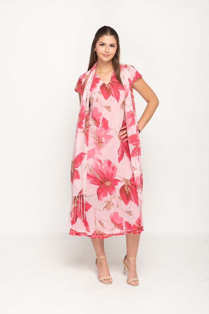 Cap Sleeve Pink Floral Printed 2 in 1 Reversible Long Dress For Women