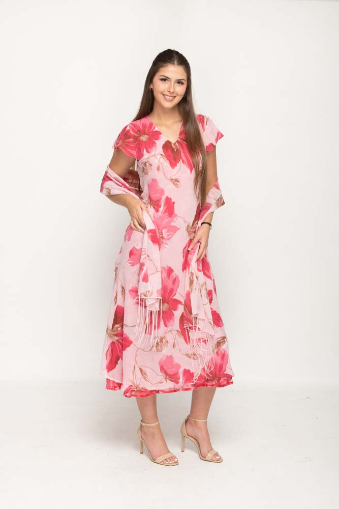 Cap Sleeve Pink Floral Printed 2 in 1 Reversible Long Dress For Women