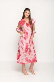 Cap Sleeve Pink Floral Printed 2 in 1 Reversible Long Dress For Women