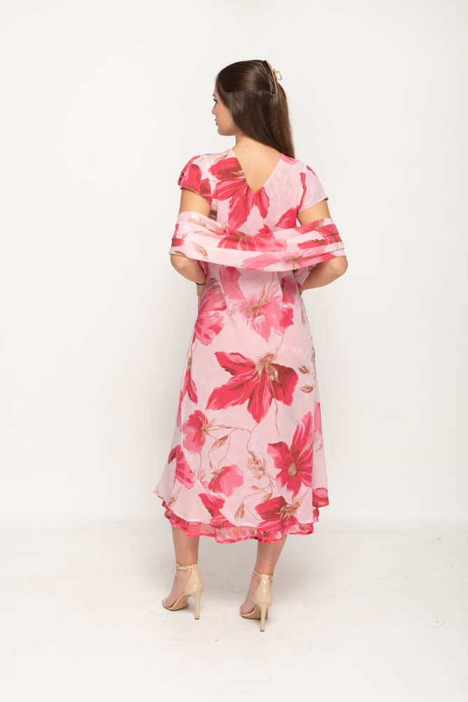 Cap Sleeve Pink Floral Printed 2 in 1 Reversible Long Dress For Women