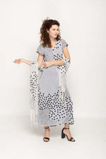 Load image into Gallery viewer, Cap Sleeve  Black &amp; White Dot Printed 2 in 1 Reversible Long Dress For Women
