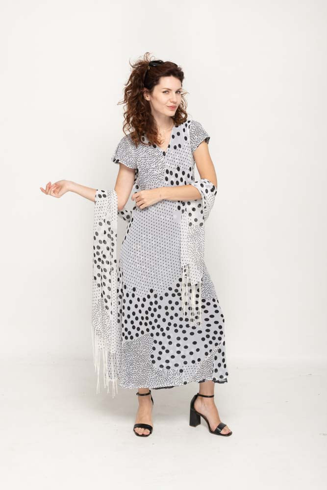 Cap Sleeve  Black & White Dot Printed 2 in 1 Reversible Long Dress For Women