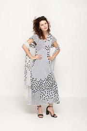Cap Sleeve  Black & White Dot Printed 2 in 1 Reversible Long Dress For Women