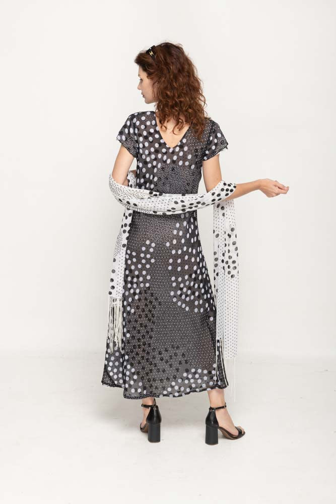 Cap Sleeve  Black & White Dot Printed 2 in 1 Reversible Long Dress For Women