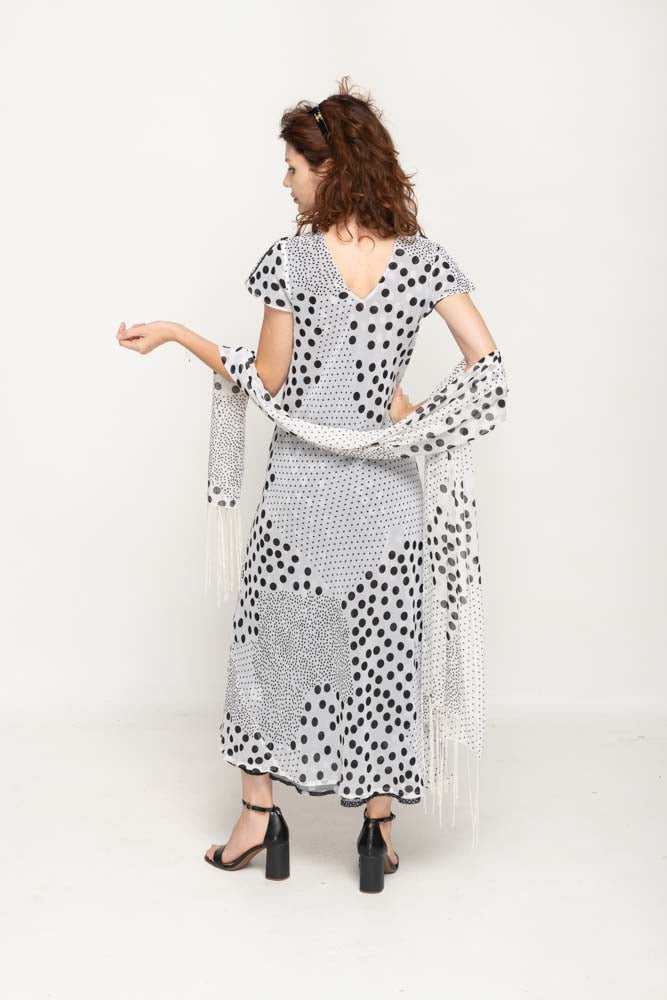 Cap Sleeve  Black & White Dot Printed 2 in 1 Reversible Long Dress For Women