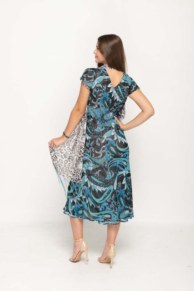 Cap Sleeve Animal Printed  in Blue 2 in 1 Reversible Long Dress For Women