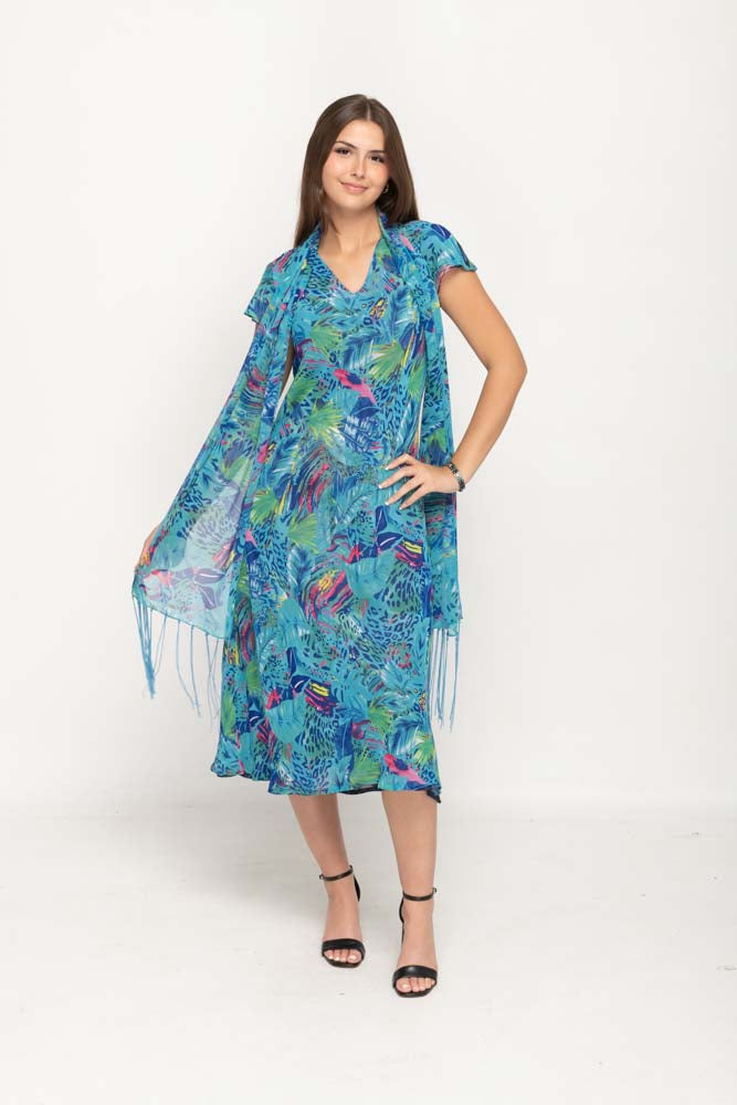 Cap Sleeve Blue Floral Printed 2 in 1 Reversible Long Dress For Women