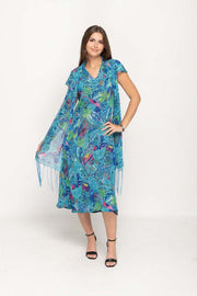 Cap Sleeve Blue Floral Printed 2 in 1 Reversible Long Dress For Women