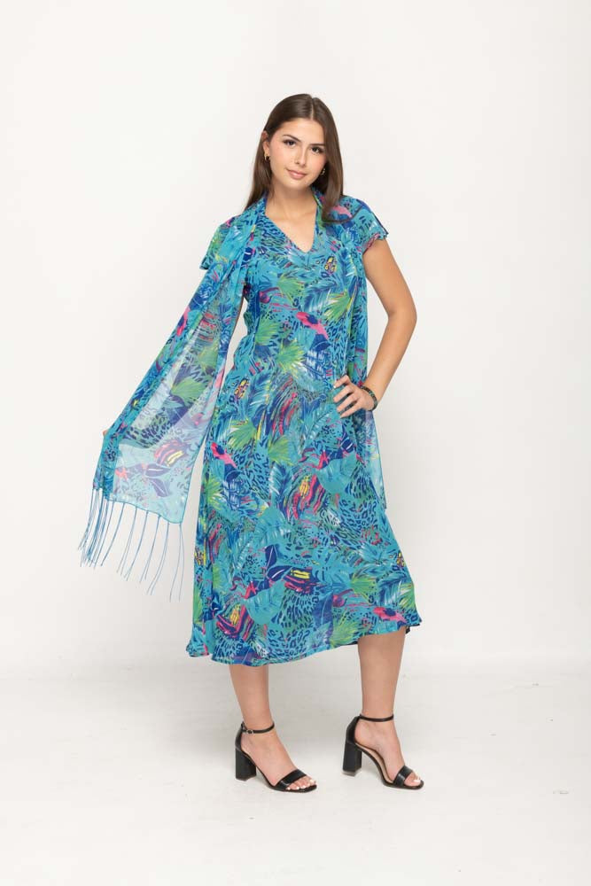 Cap Sleeve Blue Floral Printed 2 in 1 Reversible Long Dress For Women