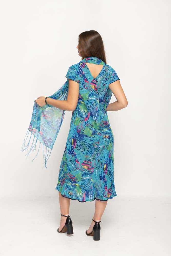 Cap Sleeve Blue Floral Printed 2 in 1 Reversible Long Dress For Women