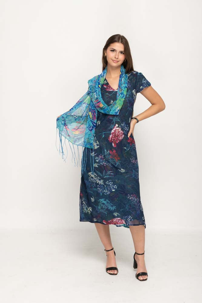 Cap Sleeve Blue Floral Printed 2 in 1 Reversible Long Dress For Women