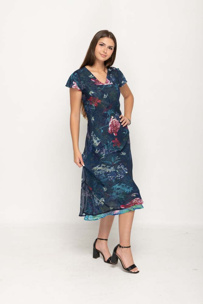 Cap Sleeve Blue Floral Printed 2 in 1 Reversible Long Dress For Women