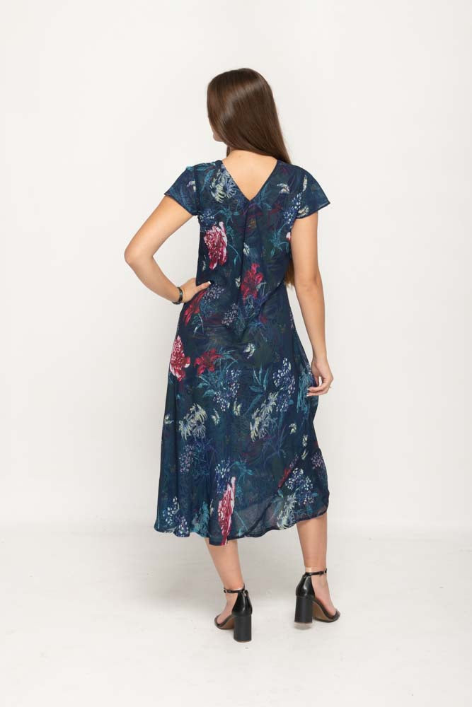 Cap Sleeve Blue Floral Printed 2 in 1 Reversible Long Dress For Women
