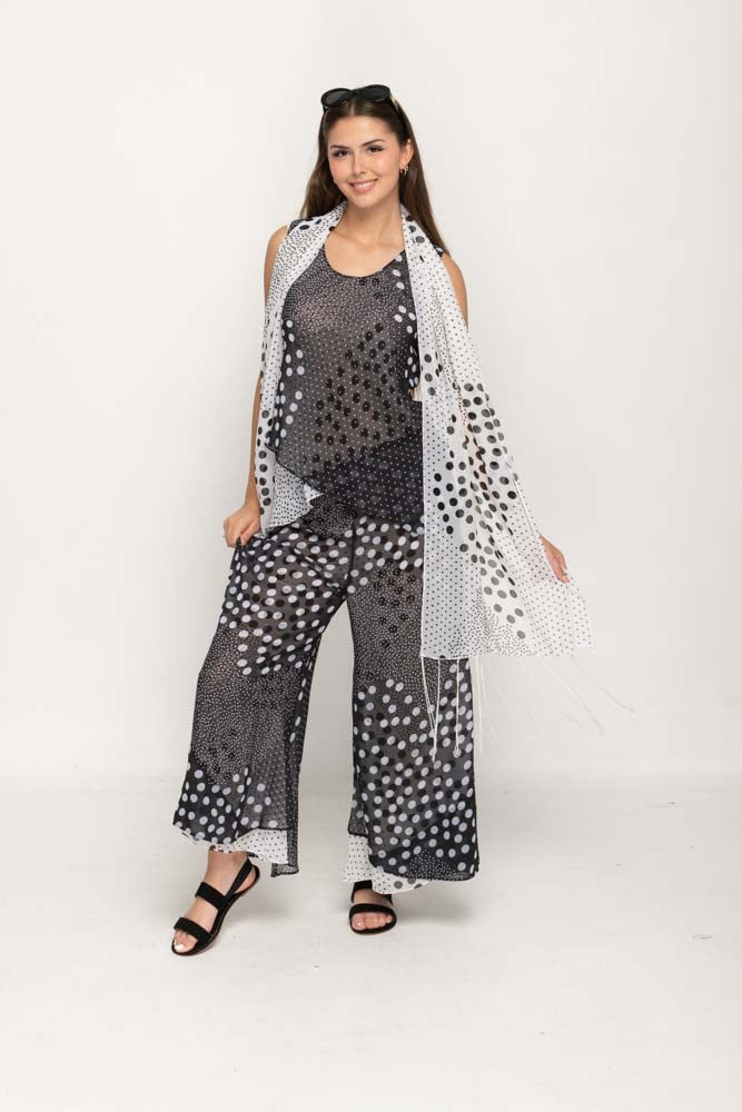 Sleeveless Polka Dot Printed Black and White Reversible Pant Set For Women