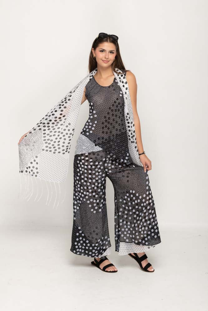 Sleeveless Polka Dot Printed Black and White Reversible Pant Set For Women