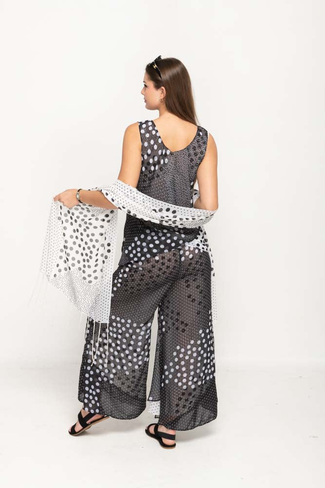 Sleeveless Polka Dot Printed Black and White Reversible Pant Set For Women