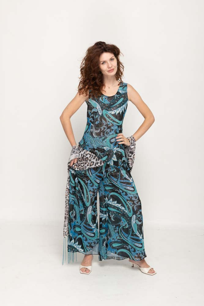 Sleeveless Animal Printed In Blue  Reversible Pant Set For Women